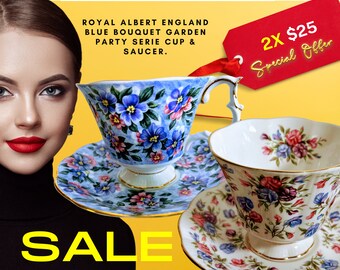 Royal Albert England blue bouquet garden party  serie 2 cups & saucers.