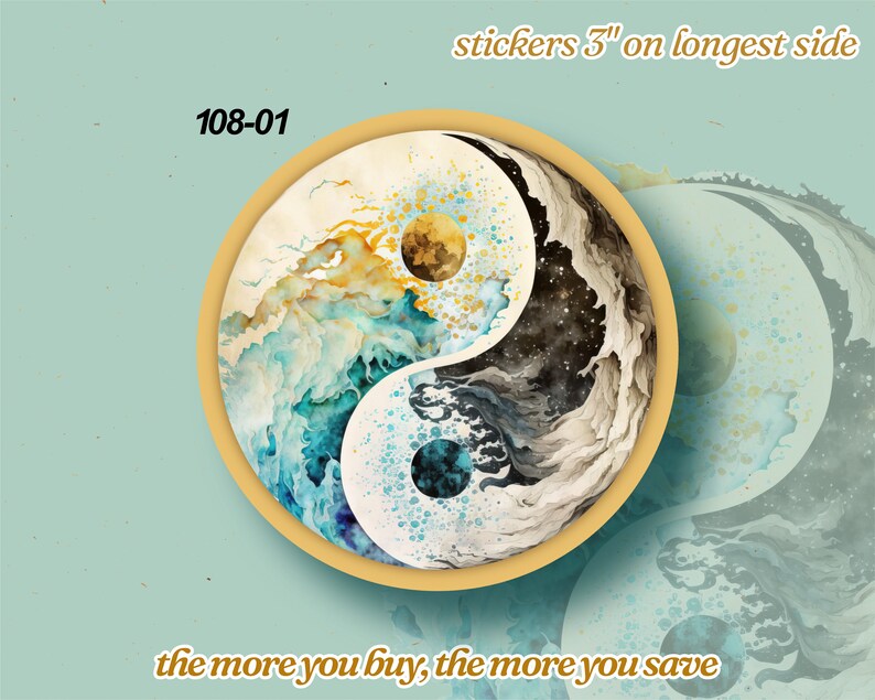 Yin Yang Vinyl Sticker LS0108 Ocean Watercolor Moon Sun Karma Good Vibes image 3