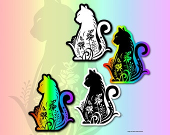 Cat Silhouette Vinyl Stickers | LS0010 | Rainbow | Pet | Kitten | Butterfly | Flower