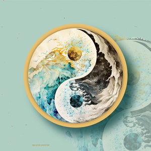 Yin Yang Vinyl Sticker LS0108 Ocean Watercolor Moon Sun Karma Good Vibes image 1
