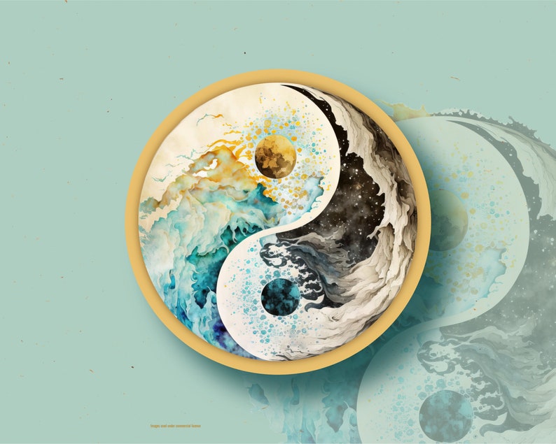 Yin Yang Vinyl Sticker LS0108 Ocean Watercolor Moon Sun Karma Good Vibes image 1