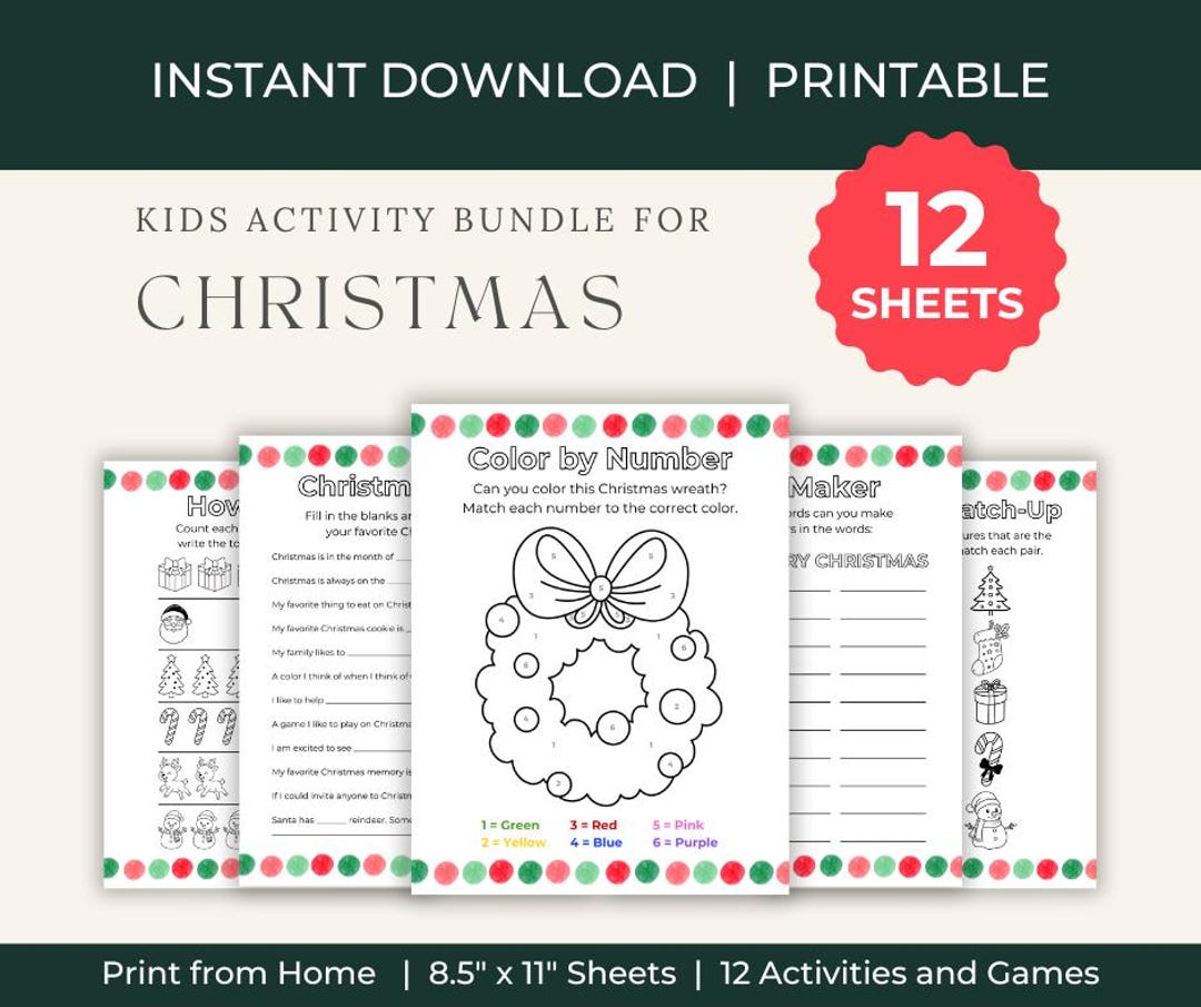 Christmas Kids Printable Activity Worksheets Bundle, 12 Colorable Games ...