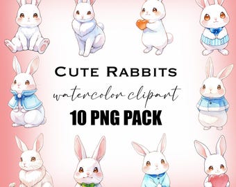 Clipart schattig konijn, konijn png, schattige illustraties, aquarel, afbeeldingen voor ambachten en doe-het-zelfprojecten, instant digitale, transparante png-bestanden