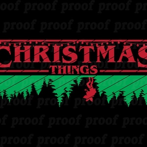 May include: Red and green Christmas themed graphic with the text "Christmas Things" and a silhouette of a figure hanging upside down from a tree branch.