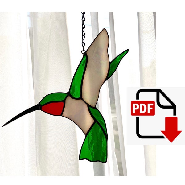 DIGITAL DOWNLOAD pattern | Ruby Throated Hummingbird stained glass pattern | Beginner pattern