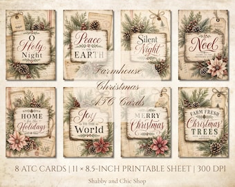 Farmhouse Christmas ATC Cards, Vintage Junk Journal Ephemera (Digital Download)