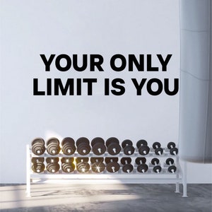 Könnte beinhalten: Eine weiße Wand mit dem Text "Your only limit is you" in schwarzen Buchstaben. Im Vordergrund befindet sich ein weißes Metallgestell mit schwarzen Gewichten.