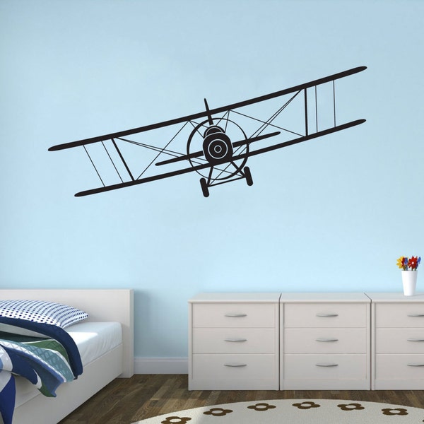 Biplane Flugzeug Wandtattoo Vinyl-Aufkleber Junge Zimmer Luftfahrt Wandkunst Wandbild in 11 verschiedenen Größen und 30 verschiedenen Farben erhältlich