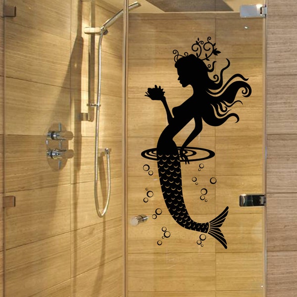 Mermaid wall decal Bathroom vinyl sticker wall art mural available in 5 different sizes and 30 different colors