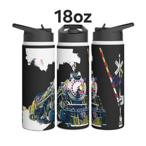May include: Three 18oz water bottles with black lids and a train design. The train is depicted in shades of yellow, blue, and pink against a black background. One bottle shows a railroad crossing sign.