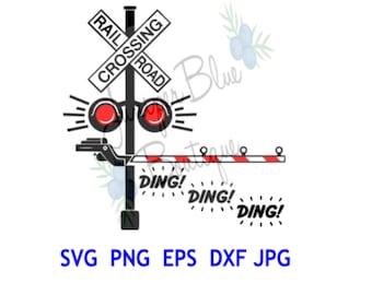 May include: Black and white illustration of a railway crossing with a gate down and flashing red lights. The sign reads "Rail Crossing Road". The words "Ding!" are written three times below the gate.