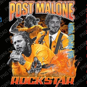 May include: A black and yellow graphic t-shirt featuring a portrait of Post Malone with the text "Post Malone" and "Rockstar" in a bold, stylized font.