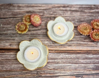 Handmade Ceramic Flower Tea Light Holder Set, Gold Luster Shabbat Candles