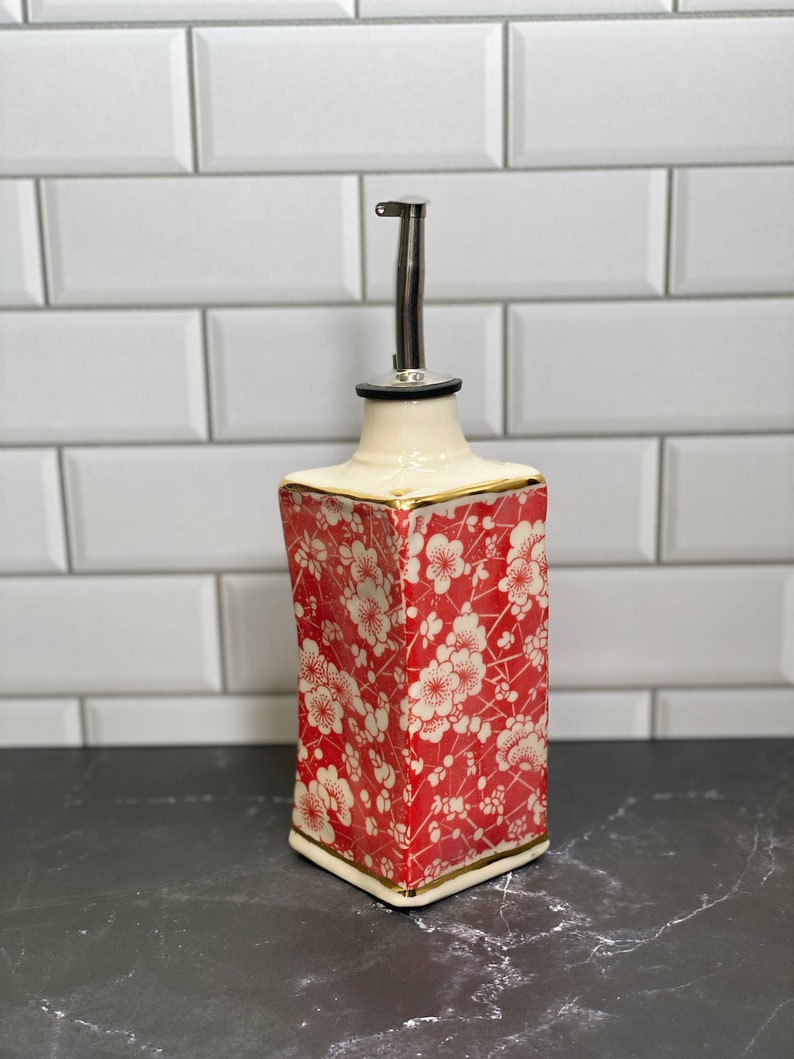 Small Ceramic Olive oil bottle, Oil dispenser, Vinegar bottle, Housewarming gift, Ceramic Oil Cruet Red and white flower
