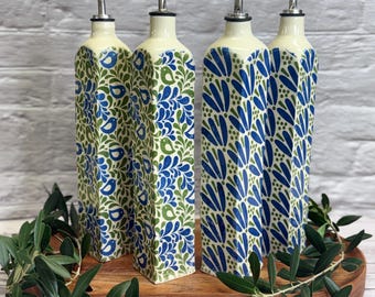 Blue Birds Ceramic Oil Bottle, Handmade Kitchen Cruet, Blue leaves and green dots Design