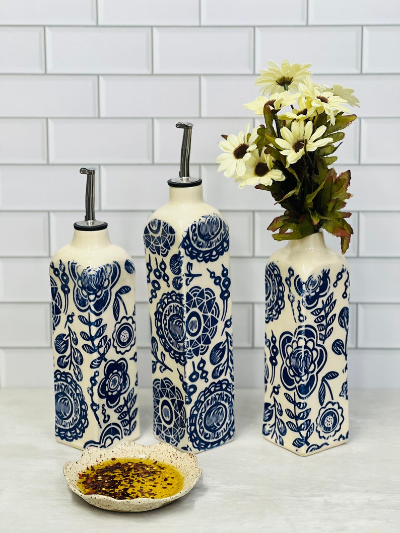 Small Ceramic Olive oil bottle, Oil dispenser, Vinegar bottle, Housewarming gift, Ceramic Oil Cruet Large blue flowers