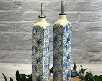 Hibiscus Handmade Ceramic Olive Oil Bottle, Blue Floral Vinegar Cruet, Kitchen Dispenser Vase