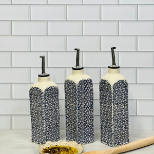 Small Ceramic Olive oil bottle, Oil dispenser, Vinegar bottle, Housewarming gift, Ceramic Oil Cruet Flower of life
