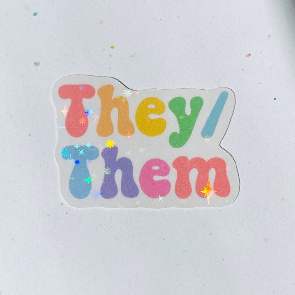 They/Them Pronoun Sticker - Holographic Pastel Bubble Letter