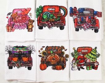 Holiday Trucks Kitchen Towels - Christmas Gift - Mother's Day Gifts - Holiday Waffle Weave Towel Set - Hostess Gifts