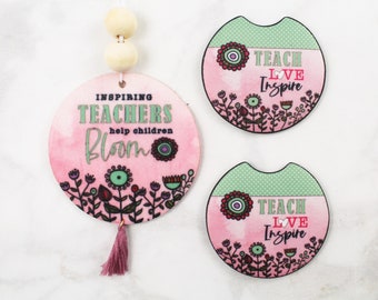 Teach Love Inspire Coaster and Air Freshener Gift Set - Teacher Appreciation Gifts - Car Accessories - Christmas Gifts