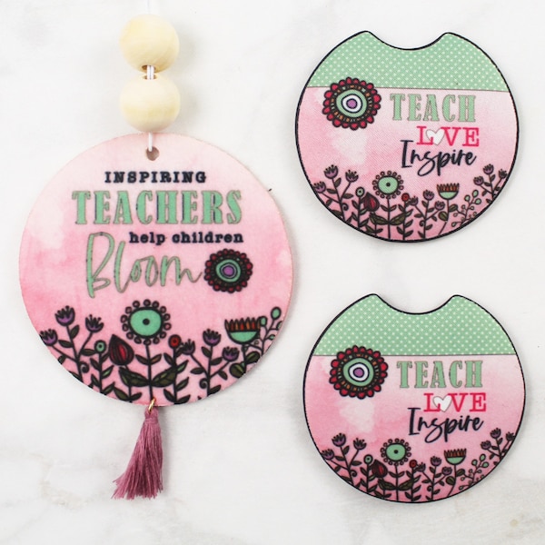 Teach Love Inspire Coaster and Air Freshener Gift Set - Teacher Appreciation Gifts - Car Accessories - Christmas Gifts