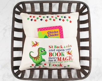Dinosaur Reading Pocket Pillow with Book • Dino Book Pillow for Boys • Kids Reading Nook Decor • Book Pocket Pillow • Dinosaur Gift