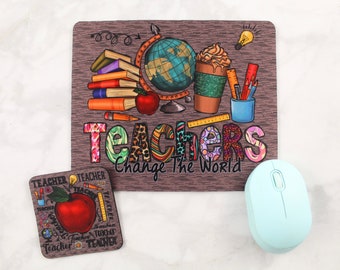 Teachers Change the World Teacher Desk Set - Teacher Mousepad and Coaster Set - Teacher Appreciation Gift - Teacher Christmas Gifts