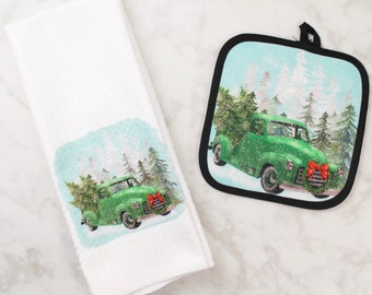 Christmas Truck Towel and Pot Holder Set - Christmas Gifts - Christmas  Towels - Kitchen Dish Towel Set