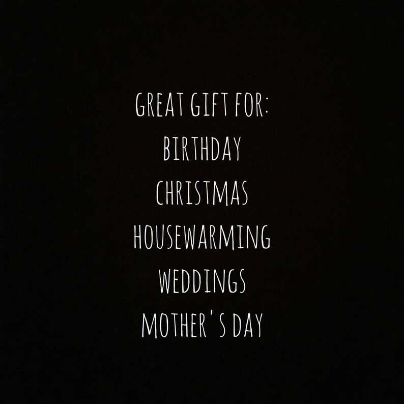 May include: Text on a black background that reads "GREAT GIFT FOR: BIRTHDAY CHRISTMAS HOUSEWARMING WEDDINGS MOTHER'S DAY"