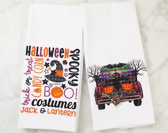 Halloween Truck Towel Set - Halloween Words Towels - Subway Art Holiday Towel - Kitchen Towels Pumpkins