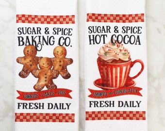 Christmas Cookie Towel Set - Gingerbread Towels -Hot Cocoa Holiday Towel - Kitchen Towels