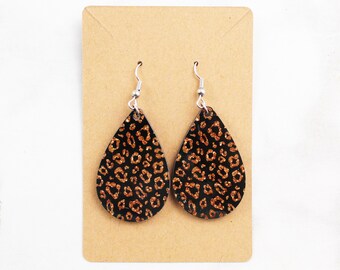 Black with Gold Glitter Cheetah Teardrop Earrings - Lightweight Earrings - Wooden Earrings -Animal Print Earrings