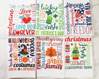 Holiday Words Kitchen Towels - Christmas Gift - Mother's Day Gifts - Holiday Waffle Weave Towel Set - Hostess Gifts