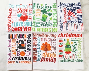 Holiday Words Kitchen Towel Set: Waffle Weave Polyester, Set of 6