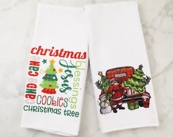 Christmas Truck Towel Set - Christmas Words Towels - Subway Art Holiday Towel - Kitchen Towels - Santa Truck Towels