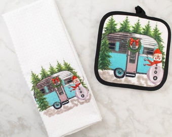 Christmas Retro RV Towel and Pot Holder Set - Christmas Camper Gifts - Christmas  Towels - Kitchen Dish Towel Set
