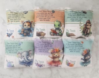 Animal Tooth Fairy Pocket Pillow - 8x8 Faux Burlap Tooth Pillow - Tooth Holder Pillow for Kids - Girl or Boy Tooth Fairy Gift Keepsake
