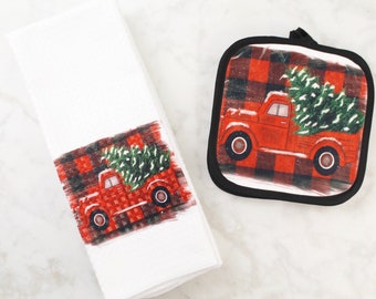 Red Christmas Truck Towel and Pot Holder Set - Buffalo Plaid Christmas Gifts - Christmas  Towels - Kitchen Dish Towel Set