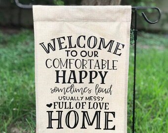 Happy Home Burlap Garden Flag Personalized - Monogram Yard Sign - Housewarming Gift - Custom Garden Sign