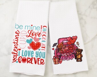 Valentine's Day Truck Towel Set - Valentines Words Towels - Subway Art Holiday Towel - Kitchen Towels