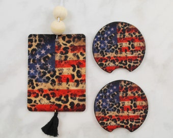 American Flag and Cheetah Air Freshener Car Coaster Gift Set - Car Accessories - Christmas Gifts - Gifts for Her