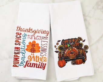 Thanksgiving Truck Towel Set - Fall Thanksgiving Words Towels - Subway Art Holiday Towel - Kitchen Towels Pumpkins Turkey