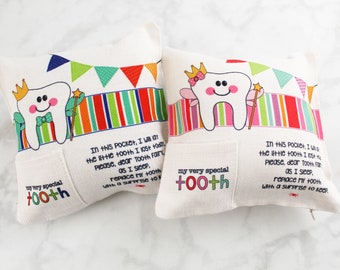 Personalized Tooth Fairy Pocket Pillow - 8x8 Faux Burlap Tooth Pillow - Tooth Holder Pillow for Kids - Girl or Boy Tooth Fairy Gift Keepsake