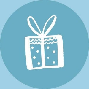 May include: A white gift box with a white bow on a light blue background.