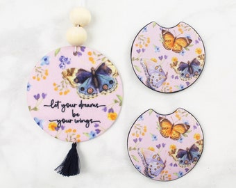 Let Your Dreams Be Your Wings Butterfly Coaster and Air Freshener Gift Set - Car Accessories - Christmas Gifts - Mother’s Day gifts