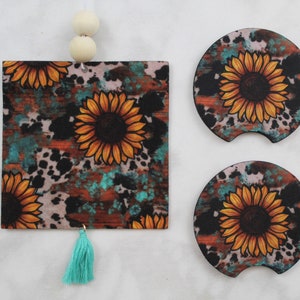 Sunflower Teal Cow Print Car Coaster and Air Freshener Gift Set