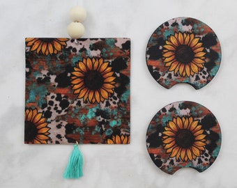 Sunflowers Teal and Cow Print Coaster and Air Freshener Gift Set - Car Accessories - Christmas Gifts - Gifts for Her