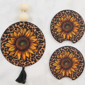 Cheetah Sunflower Car Coaster and Air Freshener Gift Set Car Accessories Christmas Gifts Gifts for Her image 1