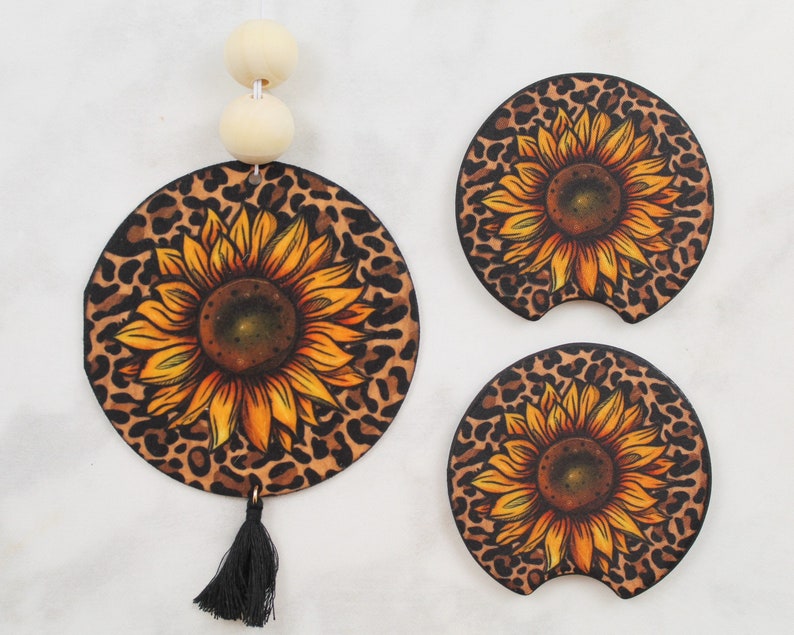 Cheetah Sunflower Car Coaster and Air Freshener Gift Set Car Accessories Christmas Gifts Gifts for Her image 1